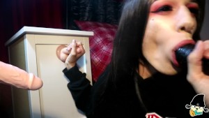 Possessed Goth Transgirl sucks 3 dongs Sloppy Bukakke Deepthroat Footjob