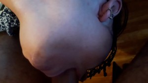 girl mounts herself with a vibrator, makes a deep blowjob, swallows balls and gets sperm on her face